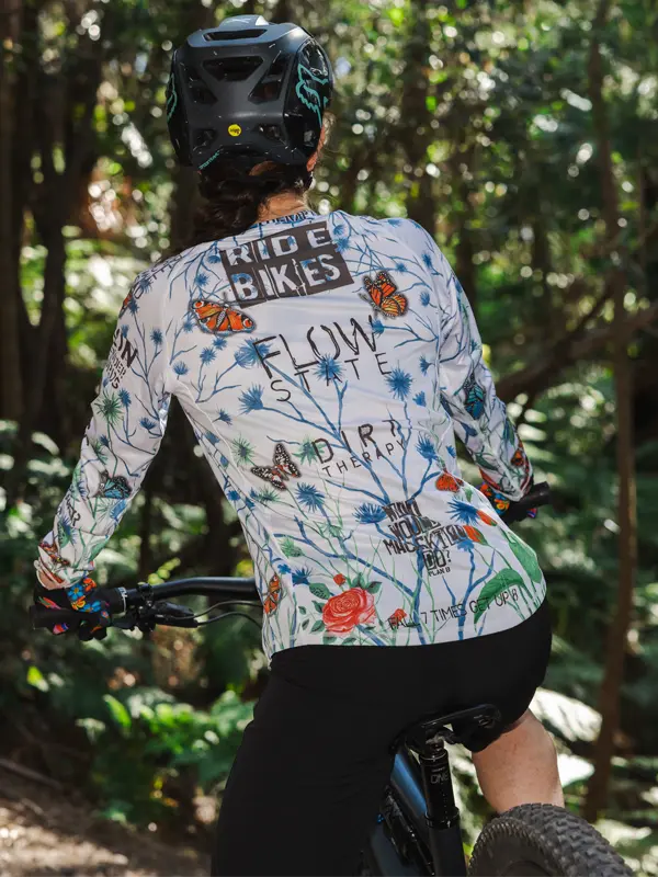 Gangsta White Womens Long Sleeve MTB Jersey  Back on model  | Cycology AUS