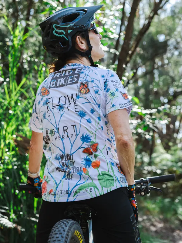 Gangsta White Women's Mountain Bike Jersey on model back  | Cycology AUS