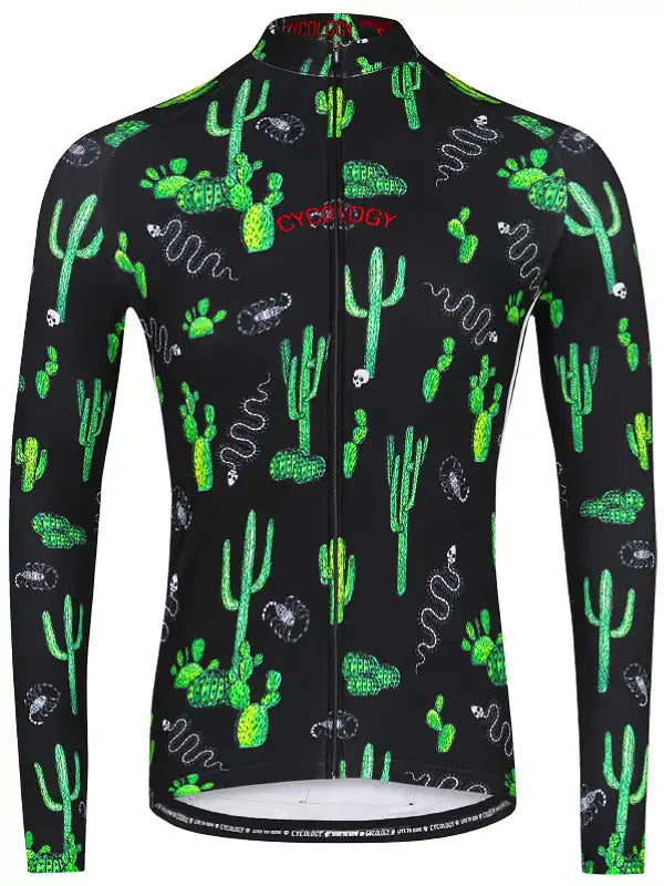 Totally Cactus Black Men's Long Sleeve Cycling Jersey  Front | Cycology AUS