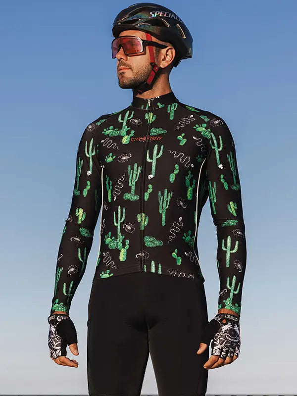 Totally Cactus Black Men's Long Sleeve Cycling Jersey  on model front image | Cycology AUS