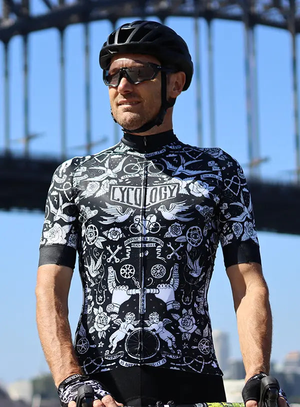 Velo Tattoo Mens Black Cycling Jersey  on cyclist