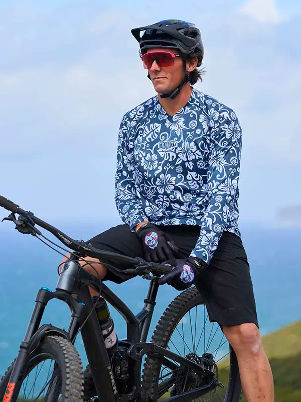 Waimea Men's Blue Long Sleeve Mountain Bike Jersey on model  | Cycology AUS