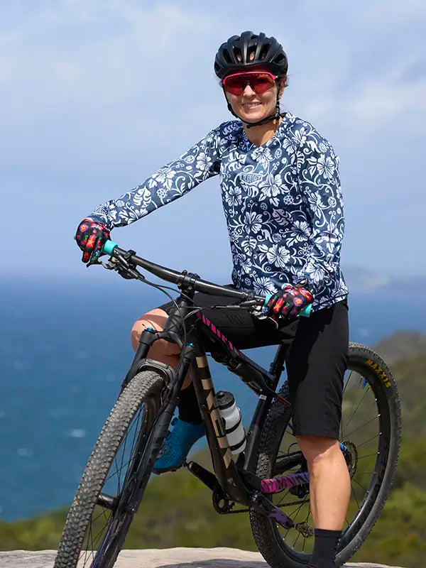 Waimea Blue Women's Long Sleeve MTB Jersey On model  | Cycology AUS